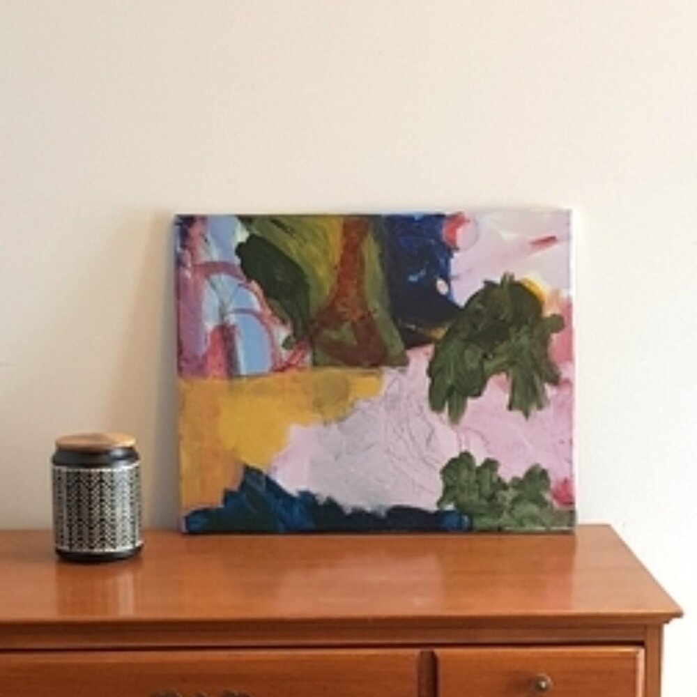 Original Painting Abstract Canvas Wall Art in Pink, Green and Yellow 16x20